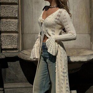 Apricot Casual Women's Sexy V-Neck Long Sleeved Knitted Sun Dress